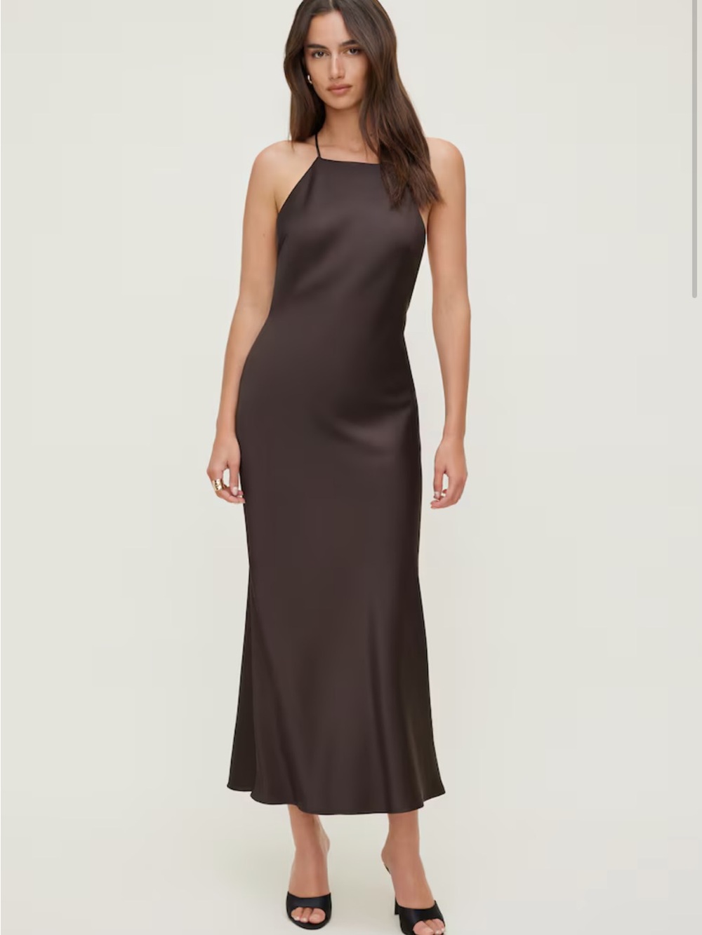 Dynamite Chocolate Brown Satin Halter Maxi Dress